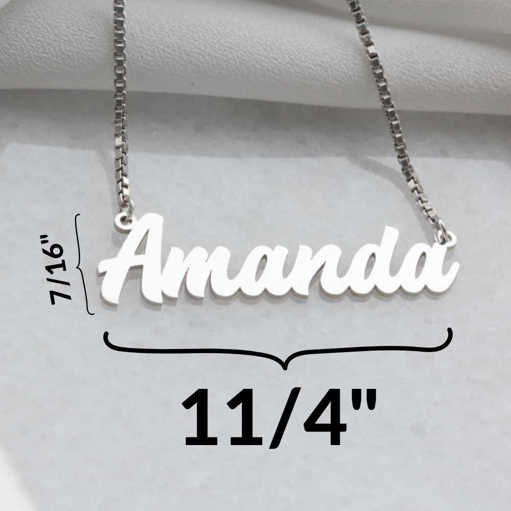 925 sterling silver name necklace with custom measurements, elegant and durable for everyday wear.