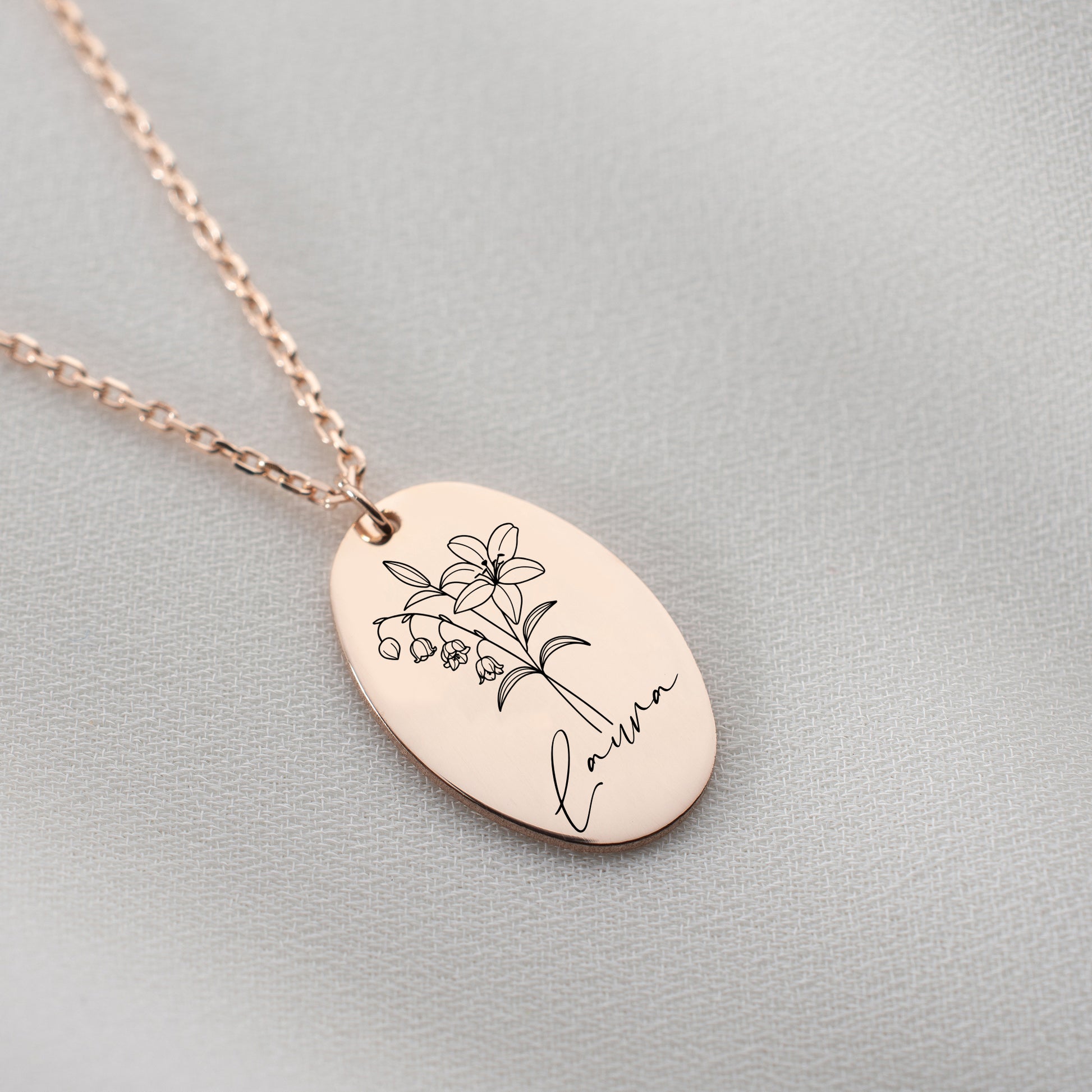 Personalized birth flower necklace, a unique and elegant jewelry piece symbolizing birth months with delicate floral designs.
