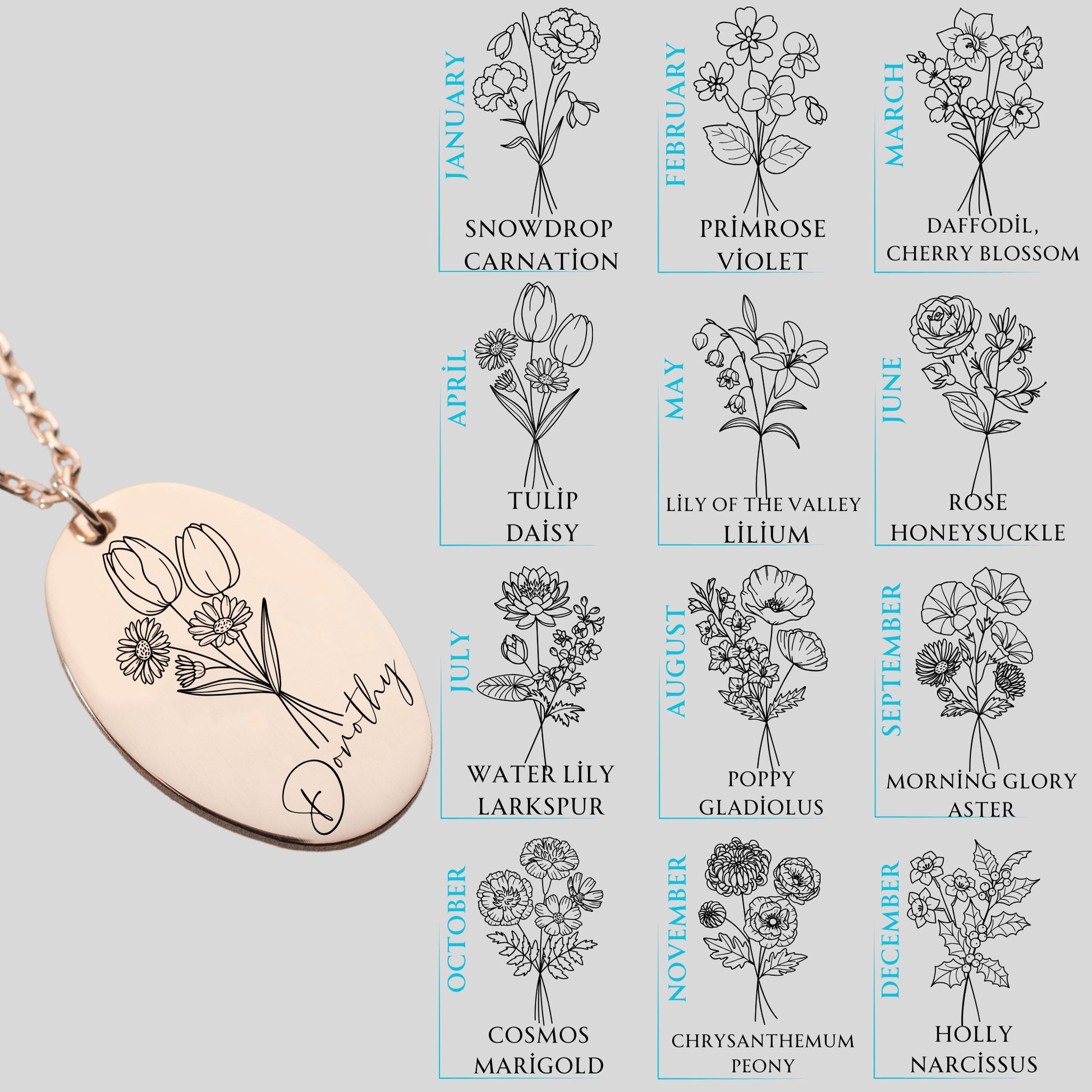 Personalized bouquet necklace, a unique floral-inspired jewelry piece designed for elegance and meaningful customization