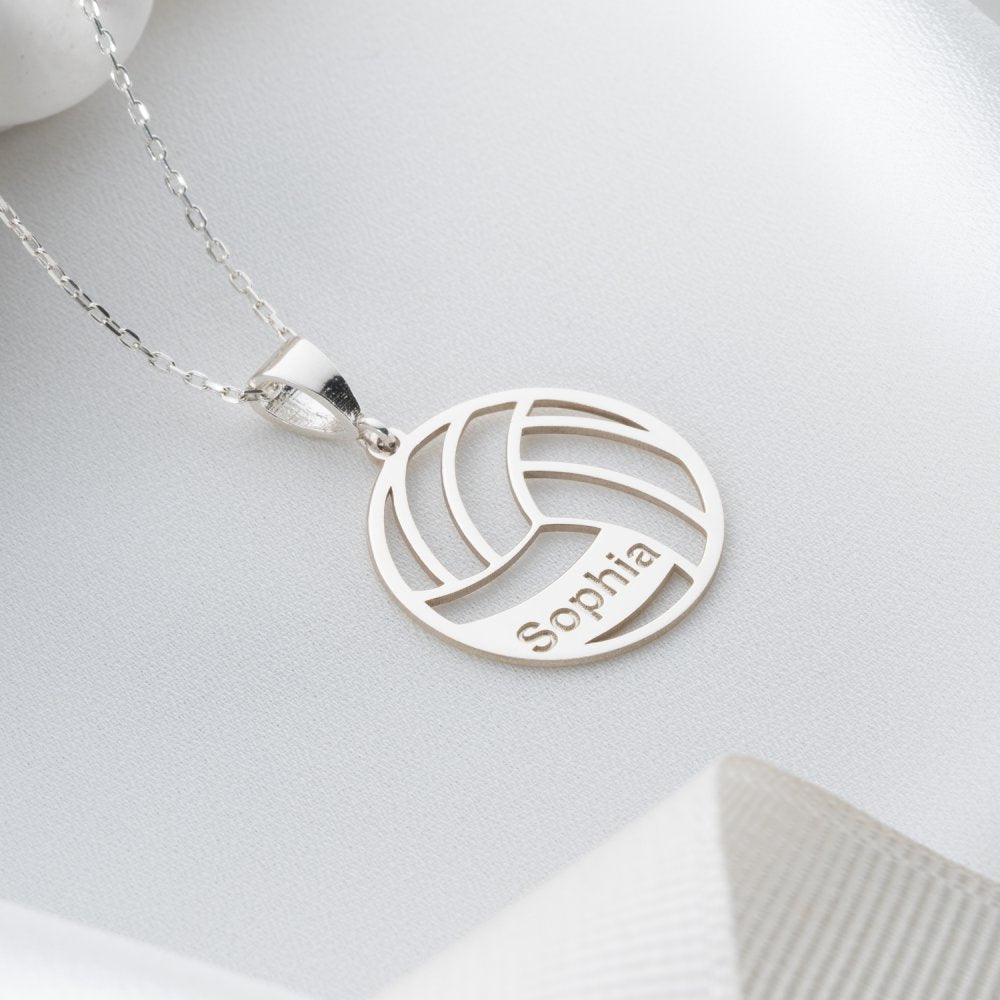 terling silver dainty volleyball name necklace, a stylish personalized sports accessory.