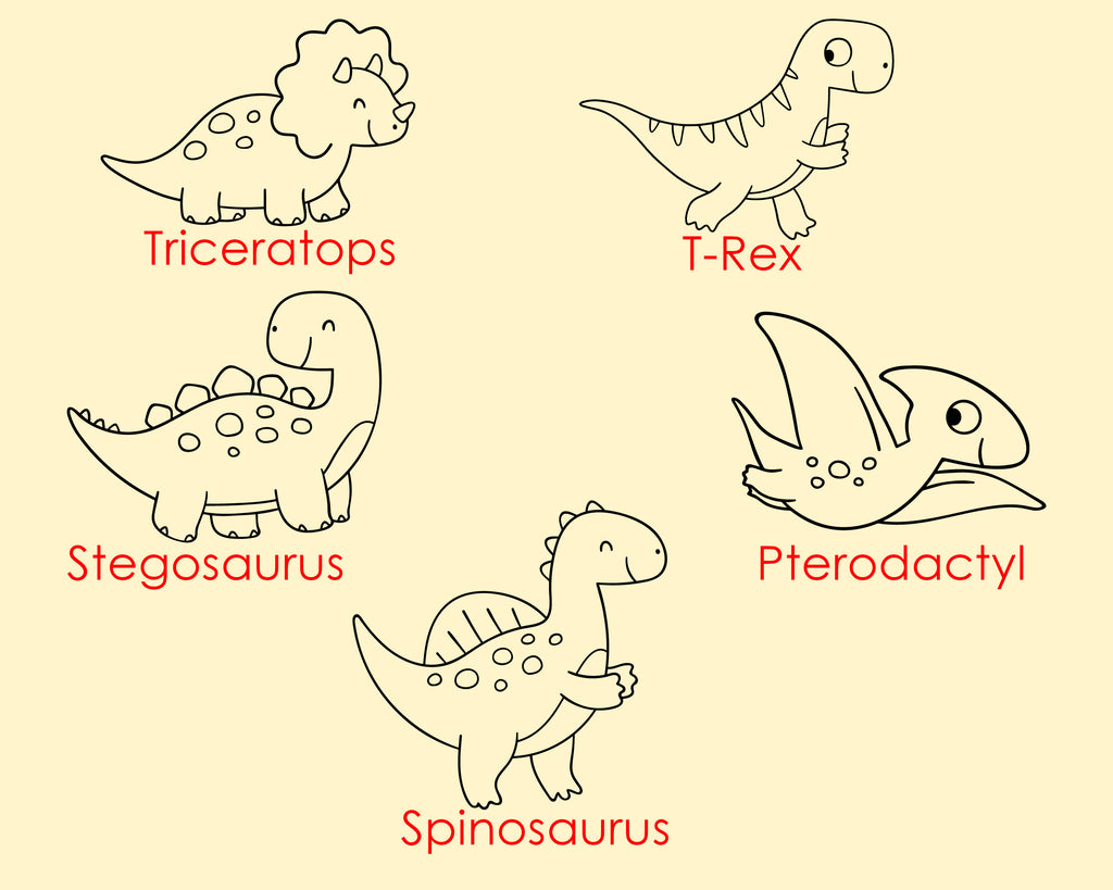 Dinosaur jewelry collection featuring Triceratops, Stegosaurus, Pterodactyl, Spinosaurus, and T-Rex designs, perfect for dinosaur enthusiasts.