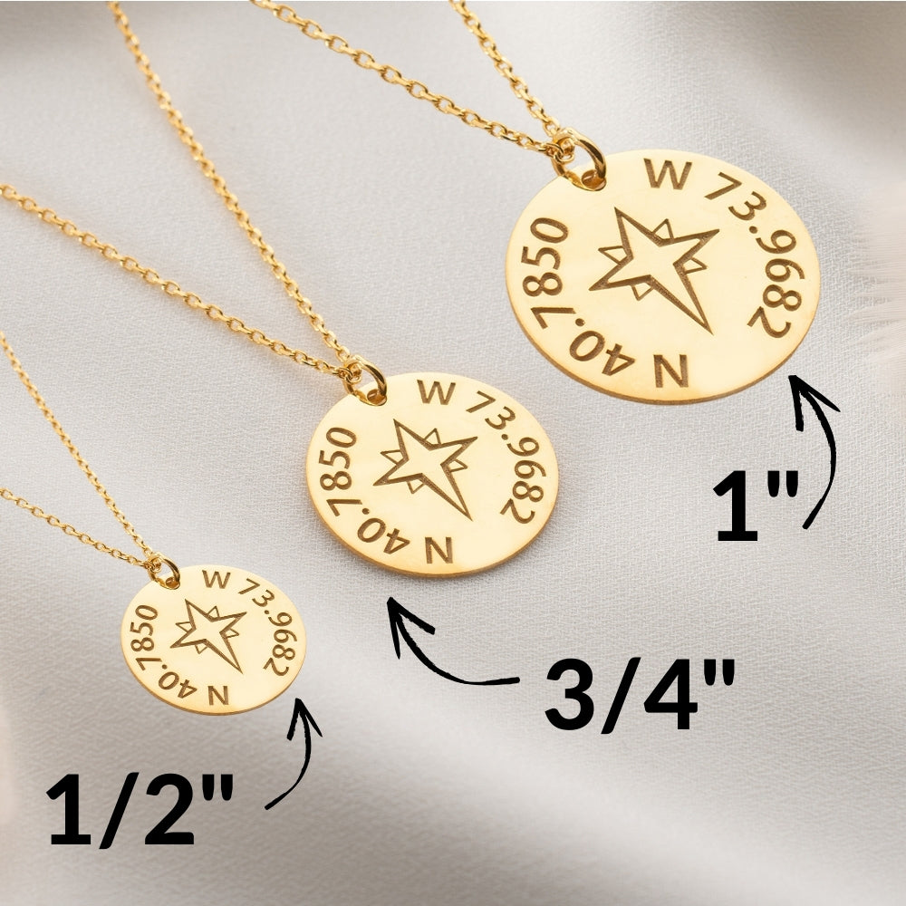 Compass necklace with personalized coordinates, stylish men’s jewelry.