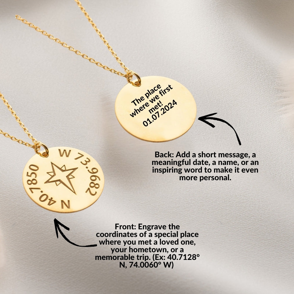 Custom compass necklace with GPS coordinates, a meaningful anniversary gift to celebrate special places and memories
