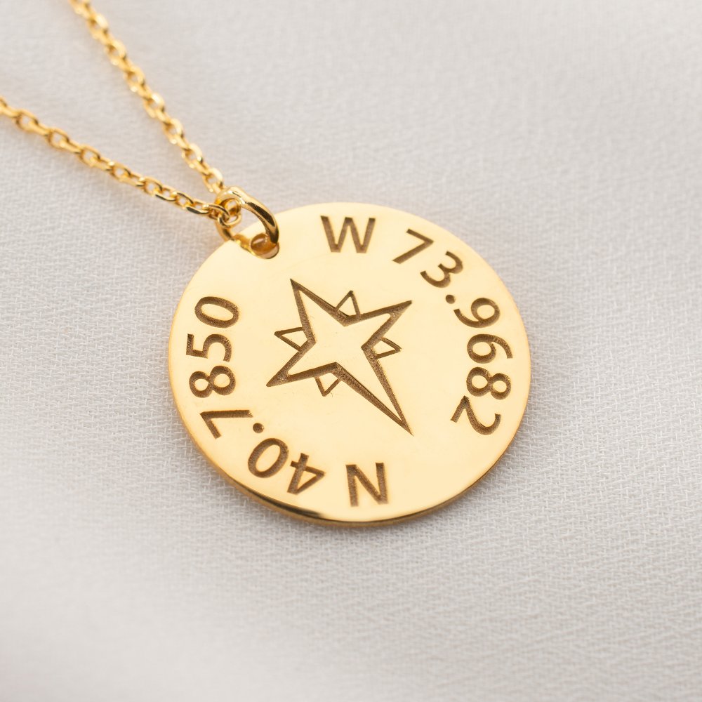Custom compass necklace with coordinates, a one-of-a-kind keepsake.