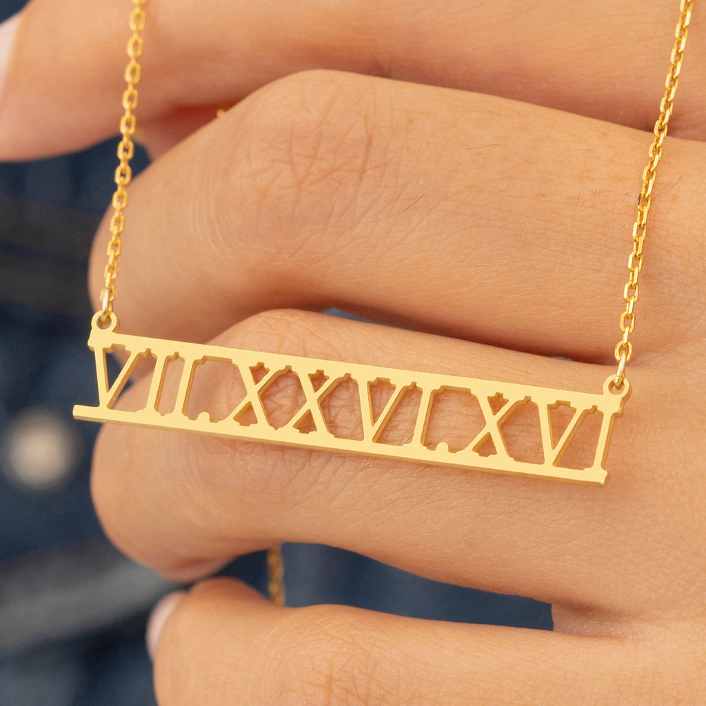 Dainty Roman numeral necklace customized with your special date.