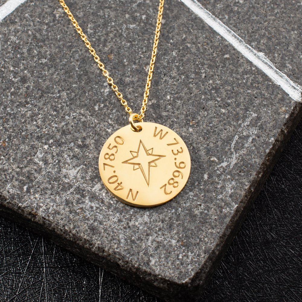 Engraved coordinates compass necklace for her, a unique and sentimental jewelry piece.